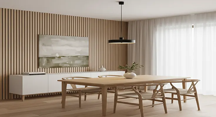 Scandinavian Modern Dining Room Ideas with a Wooden Accent Wall